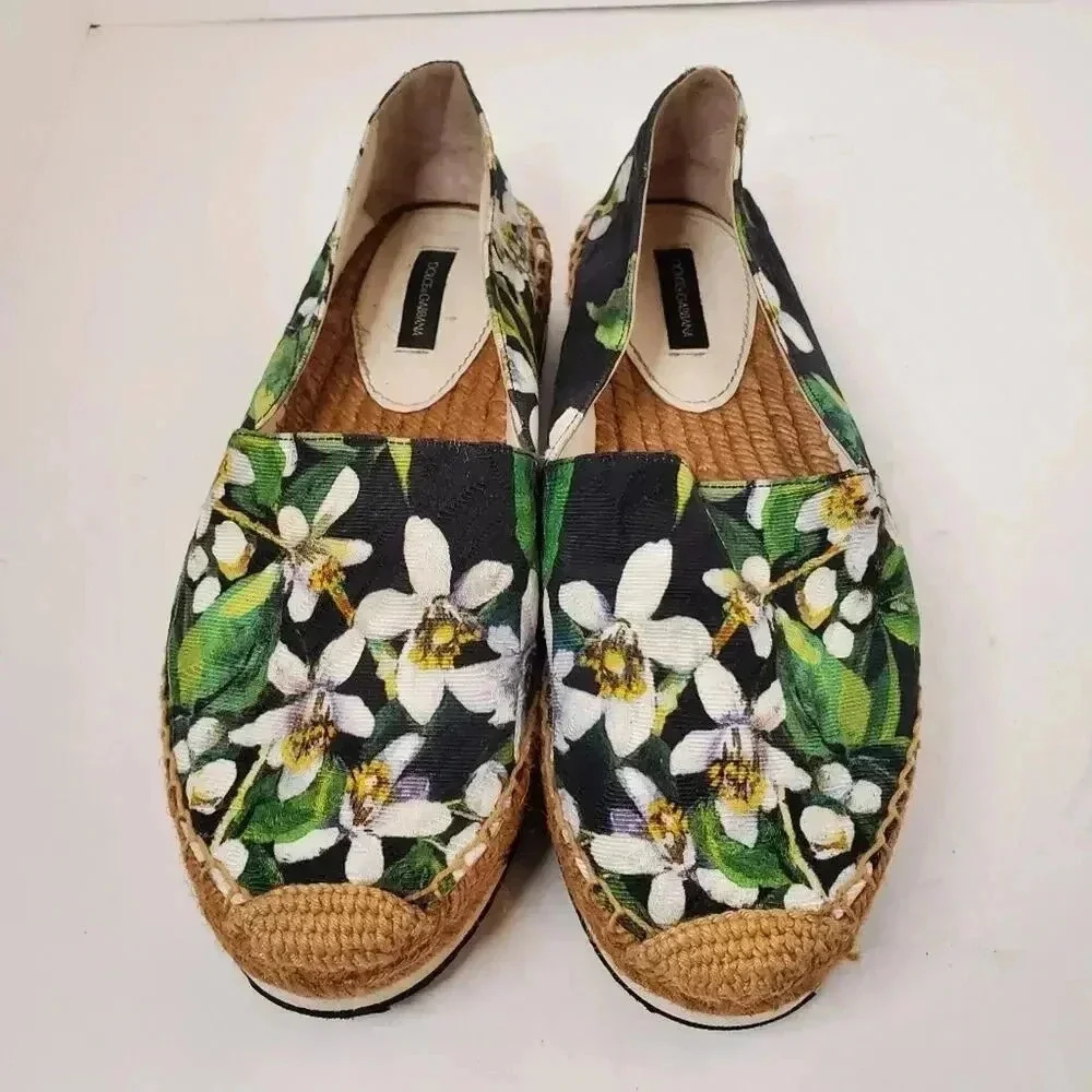 Dolce & Gabbana Multicolor Floral Print Brocade Fabric Espadrille Flats Size 37